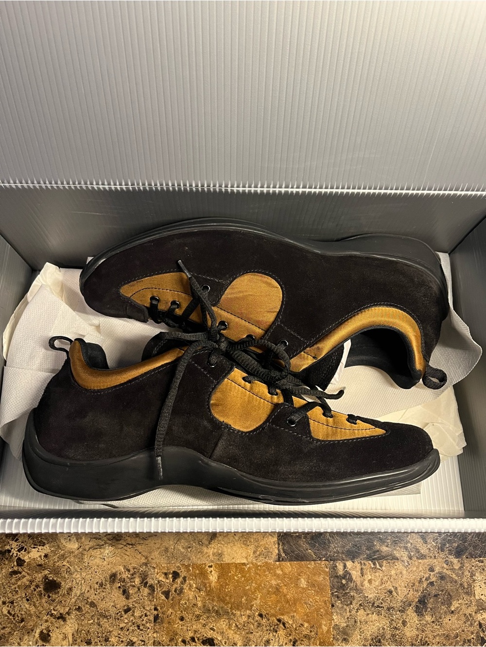 Prada black suede brown nylon sneakers size 7